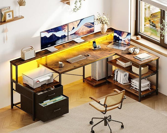 ODK L Shaped Desk with File Drawer, 66" Reversible L Shaped Computer Desk with Power Outlet & LED Strip, Office Desk with Storage Shelves, Gaming Desk with Monitor Shelf, Corner Desk, Vintage
