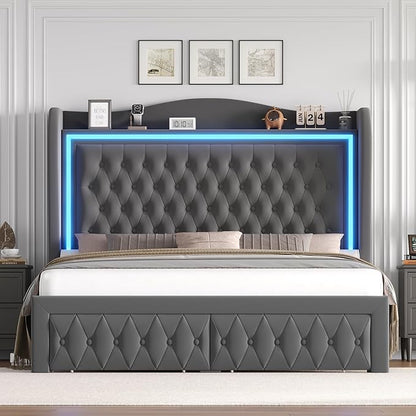 King Bed Frame 55" Tall Headboard with LED Lights, Buttons Tufted Velvet Upholstered Platform Bed Frame with 2 Storage Drawers, Wood Slats Support Mattress Foundation, No Box Spring Needed, Grey