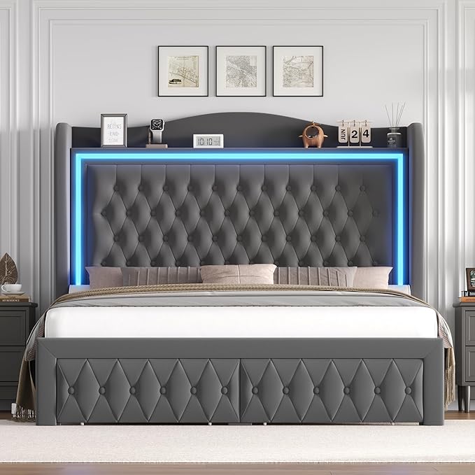 Queen Bed Frame 55" Tall Headboard with LED Lights, Buttons Tufted Velvet Upholstered Platform Bed Frame with 2 Storage Drawers, Wood Slats Support Mattress Foundation, No Box Spring Needed, Grey