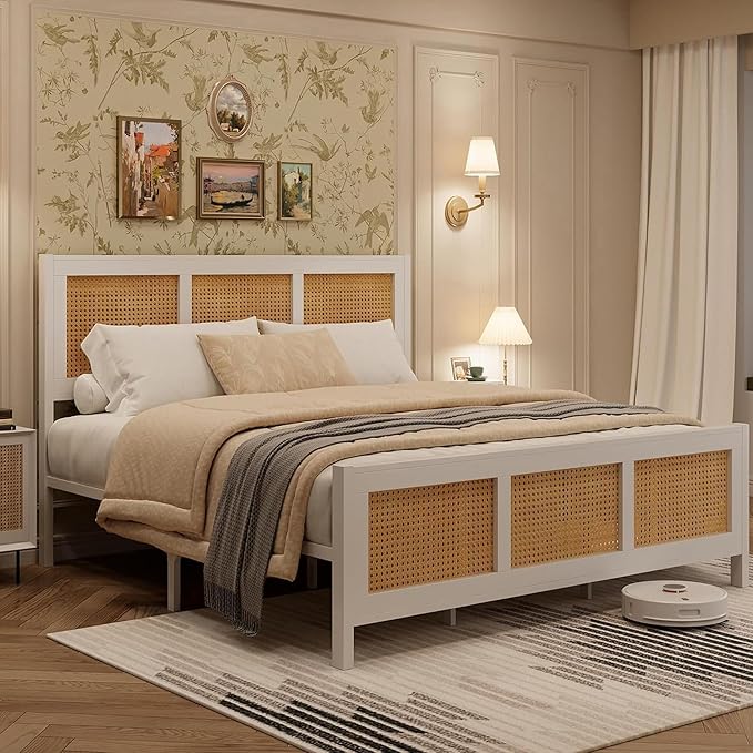 IDEALHOUSE Rattan Bed Frame with Headboard, Boho King Size Bed Frame with Strong Metal Slats Support, No Box Spring Needed, Noise-Free Design, White