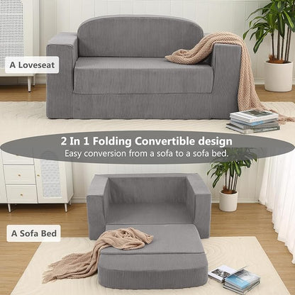 MeMoreCool Convertible Sofa Bed, Pull Out Loveseat Sleeper Sofa, Small Boneless Cloud Couch Bed for Adults, Fold Out Foam Love Seat, Corduroy Folding Floor Couch for Bedroom, Light Grey