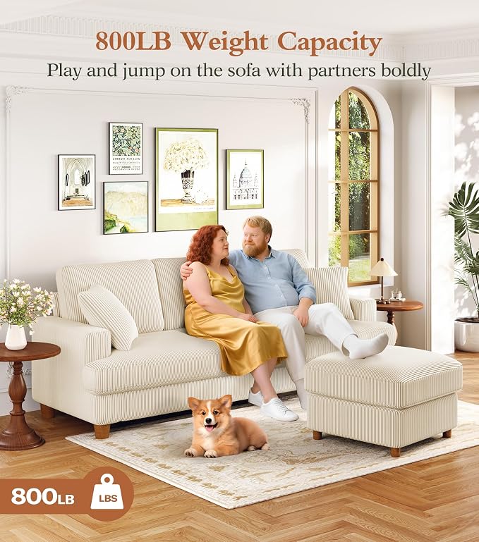 Kidirect 87in L Shaped Couch, Modular Sofa No Tool Assembly, Comfy Sectional Couches for Living Room 21in Deeper Seats, Corduroy Sofas for Living Room with 2 Pillows, Loveseat Sofa Set, Beige Couch
