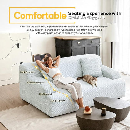 VINGLI 72" W Boneless Loveseat Sofa, Cloud Corduroy Couch in a Box, Compressed Deep Seat Sofa with 10.6" Wide Curved Armrests, Easy Assembly Required for Living Room, Apartments & Office, Light Blue