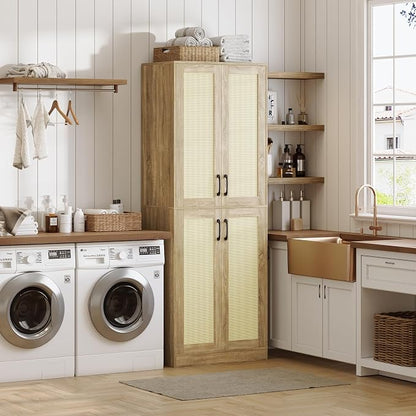 JASIWAY Rattan Pantry Cabinet, 67" Tall Kitchen Storage Cabinet with Doors | Adjustable Shelves, Wicker Linen Closet Cupboard for Laundry, Bathroom, Wood