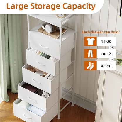 Somdot Tall Dresser for Bedroom, 5 Drawers Nightstand Vertical Storage Tower Unit, Night Stand Furniture with Fabric Drawer Organizer in Bedside Hallway, Entryway, Kids Room, Closet, White Leather
