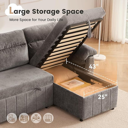 Tbfit 84'' Sleeper Sofa Bed, 3 in 1 Cloud Pull Out Sofa Couch with USB & Storage Chaise, Chenille Convertible Sofa Bed with Pull Out Bed, Couches for Living Room, Apartment, Office, Light Grey