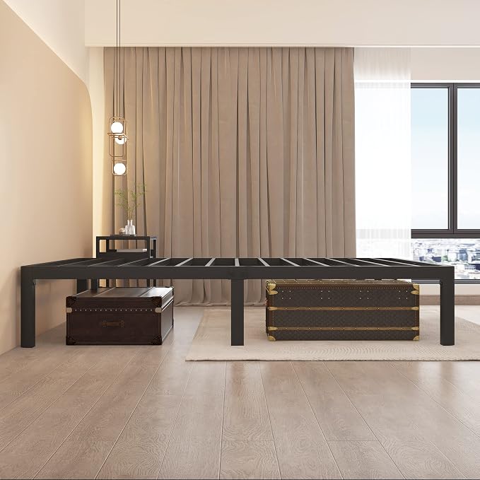 MAF 16 Inch Full Size Bed Frame with Round Corner Legs Mattress Slide Stopper No Box Spring Needed Heavy Duty Metal Platform Bed Frames Under-Bed Storage Space, 3000 LBS Steel Slats Support