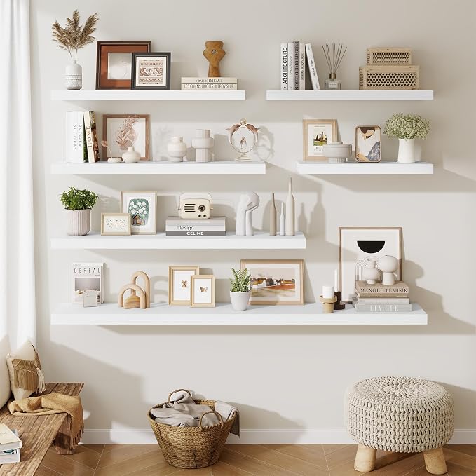 Fun Memories 24 x 10 Floating Shelves Wall-Mounted - Rustic Wood Shelf - 10 Inch Deep Floating Shelves for Wall - Large Storage Shelf for Bathroom - Kitchen & Bedroom - White - Set of 3