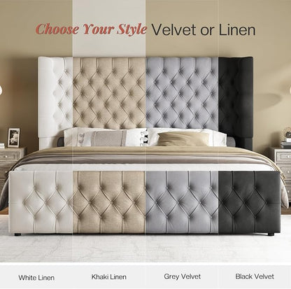 Jocisland California King Size Upholstered Bed Frame with 6.3-Inch Curved Wingback Headboard, Tufted Footboard, Wood Slats, No Box Spring Needed, Beige Velvet