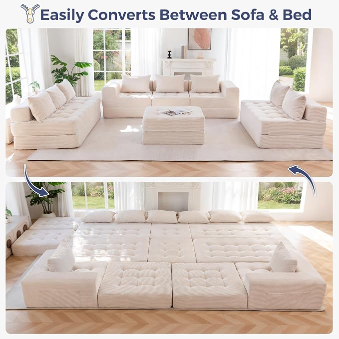 MAXYOYO Modular Sectional Sofa Couch, Foldable Oversized U Shaped Cloud Couch with Pillows, Tufted Boneless Lounger Floor Sofa Bed for Living Room, No Assembly Required, Beige