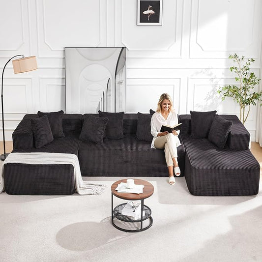 HOMREST 131" Cloud Memory Foam Sofa with Chaise Lounge, Boneless Corduroy Deep Seat Modular Sectional Couch, Large U-Shaped Floor Sofa for Living Room & Apartment, No Assembly Required, Black