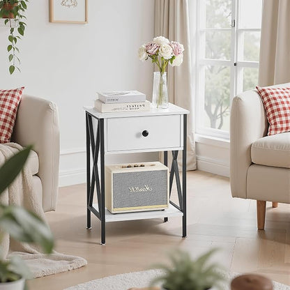 VECELO Nightstand,Modern Bedside End Table, Night Stand with Drawer and Storage Shelf for Living Room Bedroom, Industrial Metal Frame