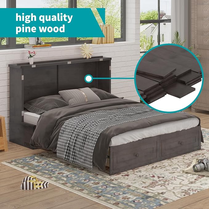 BALUS Queen Size Murphy Bed Cabinet with Tri-Fold Memory Foam Mattress, USB Charging Station, Cabinet Murphy Beds with Storage Drawer, Guest Wall Bed for Living Room Home Office, Grey