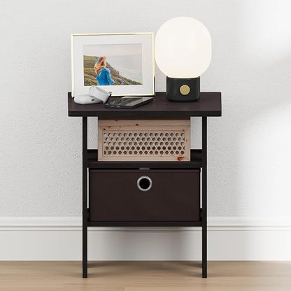 Furinno TIDUR 3-Tier Night Stand, Nightstand with Storage Bin, Dark Walnut | Open Shelf Design, Bedside Table, End Table, Side Table for Bedroom, Living Room