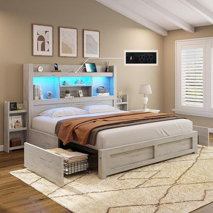AMERLIFE Full Bed Frame with 4 Storage Drawers, LED Bed Frame with 49.6" Tall Bookcase Headboard, Wood Platform Bed with Charging Station & 2 Slide Bedside Shelf, No Box Spring Needed/Distressed White