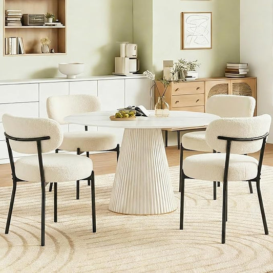 DUMOS Dining Chairs Set of 6, Mid Century Modern Chair Round Upholstered Curved Backrest, Kitchen Vanity Living Room Chairs with Black Metal Legs，Classic Beige