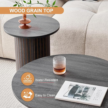 Round Nesting Coffee Tables for Living Room, Set of 2, Black | φ27.6 + φ15.8 Boho Small Circle Side Tables, Fluted Drum Design Wood Grain Finish Minimalist Modern End Table, Small Spaces