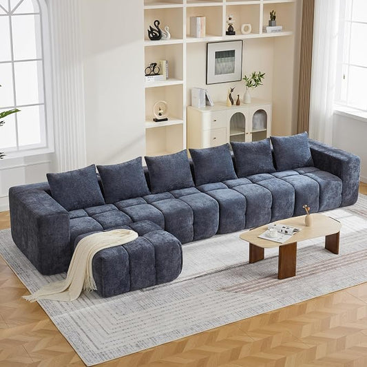 160" Boneless Couch, Oversized Cloud L Shaped Couch, Modular Sectional Sofa with Deep Seat, Modern 6 Seater Sectional Couches for Living Room Bedroom, Tufted Sofa, No Assembly Required, Blue