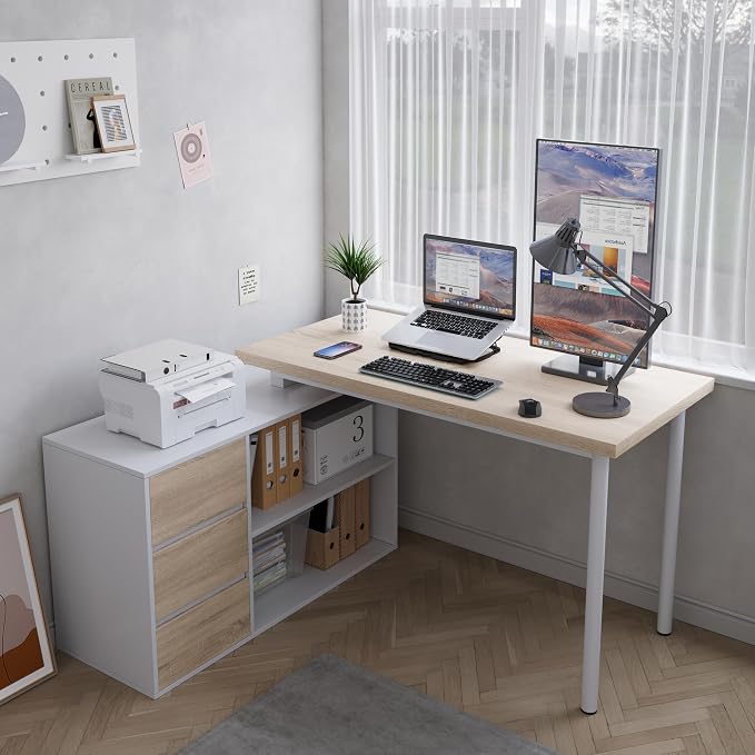 Home Office Computer Desk Corner Desk with 3 Drawers and 2 Shelves, 53-inch L-Shaped Study Desk with Storage, White + Walnut