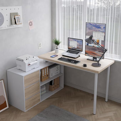 Home Office Computer Desk Corner Desk with 3 Drawers and 2 Shelves, 53-inch L-Shaped Study Desk with Storage, White + Walnut