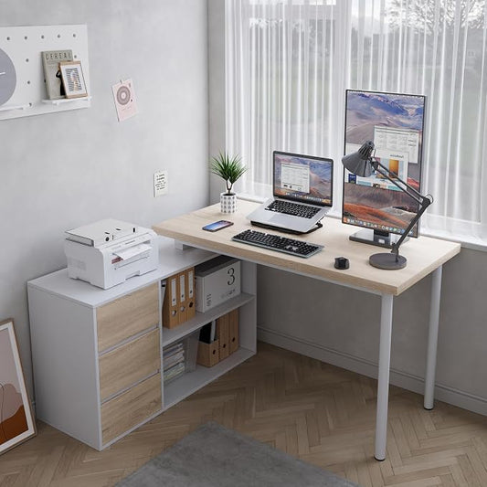 Home Office Computer Desk Corner Desk with 3 Drawers and 2 Shelves, 53-inch L-Shaped Study Desk with Storage, White + Walnut