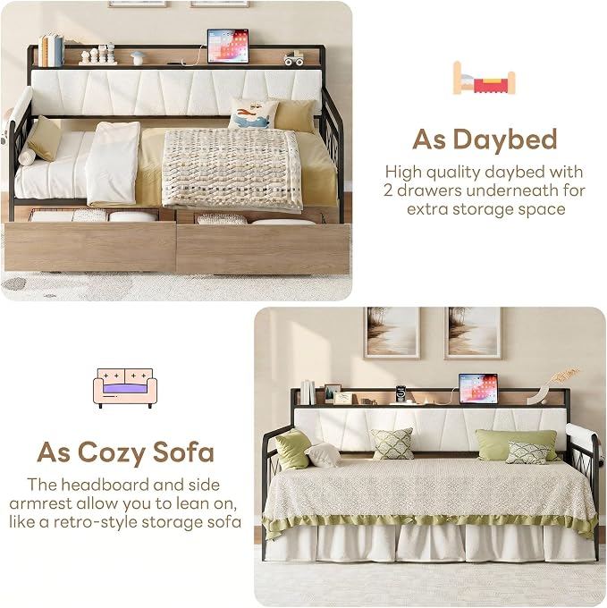 LIKIMIO Daybed with Storage Drawers, Twin Day Bed Frame with Boucle Upholstered Headboard and Charging Station, Sofa Day Bed with Strong Supports for Living Room, Bedroom and Guest Room, Cream