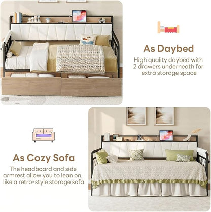 LIKIMIO Daybed with Storage Drawers, Twin Day Bed Frame with Boucle Upholstered Headboard and Charging Station, Sofa Day Bed with Strong Supports for Living Room, Bedroom and Guest Room, Cream