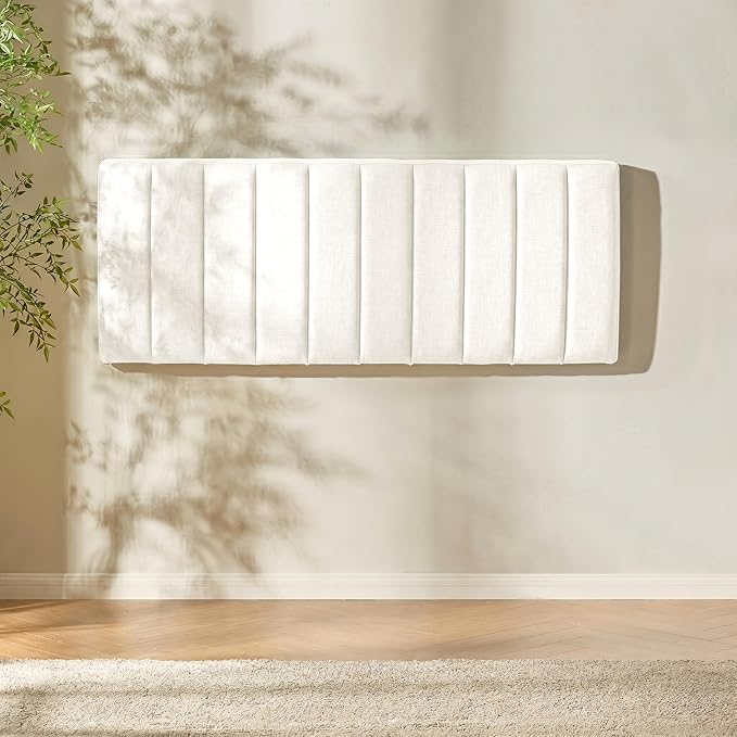 Hearth & Harbor Wall Mounted Full Headboard Only, Bed Headboard Full Size | Easy Assemble, Floating Peel & Stick, Upholstered Channel Stitched, 3D Wall Panels, 5 Strips of 3M Tape Included, Off White