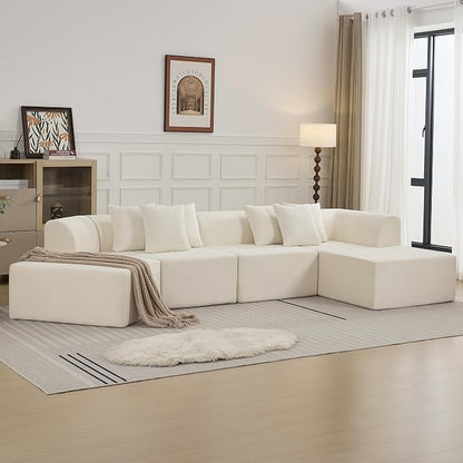 140''Oversized Cloud Velvet Curved Sectional Couch, Boneless Couch with L-Shape Chaise, Upholstered Compression Memory Foam Modular Sectional Sofa for Living Room, No Assembly Required, White