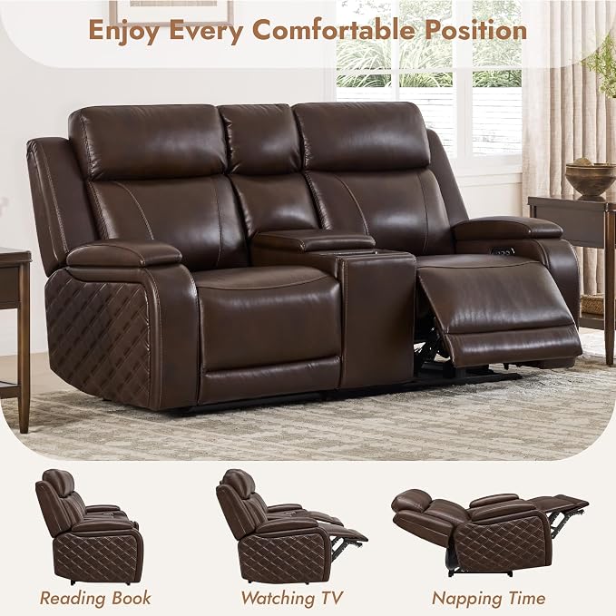 Watson & Whitely Genuine Leather Power Loveseat Recliner Sofa, Zero Gravity Reclining Sofa with Console, Power Headrest & Wireless Charging, Cup Holder, 2-Seater Recliner for Living Room, Dark Brown