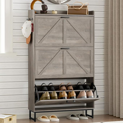 BORNOON Shoe Cabinet with 3 Flip Drawers Narrow Shoe Storage Cabinet Organizer Wooden Freestanding Shoe Rack Hidden Slim Shoes Storage Cabinet for Entryway, Hallway, Living Room, Bedroom