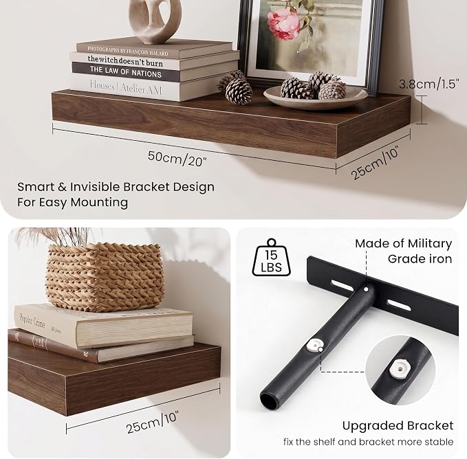 Fun Memories Wood Floating Shelves 20 Inch, 10 Inch Deep Shelves Wall Mount, Wall Shelves with Invisible Bracket, 20" Floating Shelves for Living Room Bathroom Bedroom, Walnut, Set of 3