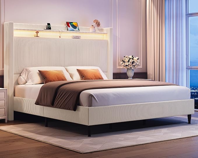 King Size Bed Frame with Tall Headboard, 55.3" Upholstered Platform King Bed Frame, Elegant Corduroy Wingback Bed with LED Lights & Charging Station, No Box Spring Needed, Solid Wood Slats, Cream
