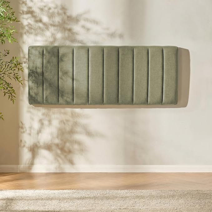 Hearth & Harbor Wall Mounted King Headboard Only, Bed Headboard King Size | Easy Assemble, Floating Peel & Stick, Upholstered Channel Stitched, 3D Wall Panels, 5 Strips of 3M Tape Included, Olive Green