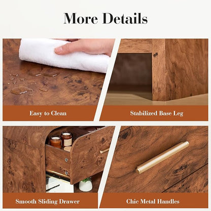 Night Stand Set of 2 [Unique Curved Profile] [FSC-Certified Wooden Board] 2-Drawer Nightstand 24" H Metal Handle Modern Sturdy Bedside Table Side Table End Table