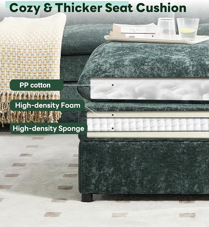 Iroomy 25" Chenille Ottoman, 9.5" Thick Cushion, Upholstered Footrest Modern Footstool & Bench for Living Room, Bedroom, Green
