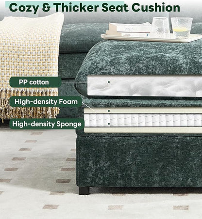 Iroomy 25" Chenille Ottoman, 9.5" Thick Cushion, Upholstered Footrest Modern Footstool & Bench for Living Room, Bedroom, Green