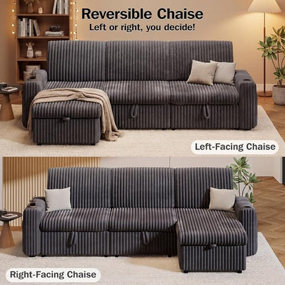 Vipbear 101" Sectional Sleeper Sofa with Pull Out Bed,5-Level Adjustable Backrest,3 Seat Modular Couch with Storage,Tool Free Assembly,USB & Cup Holders, Corduroy Sofa for Living Room, Dark Gray