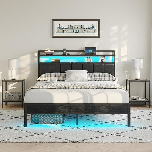 Queen Size Bed Frame with Upholstered Headboard and 2-Tier Storage Shelves | Metal / Charging Station / LED Lights / Under Bed Storage / Non-slip/ Noise Free / No Box Spring Needed / Black