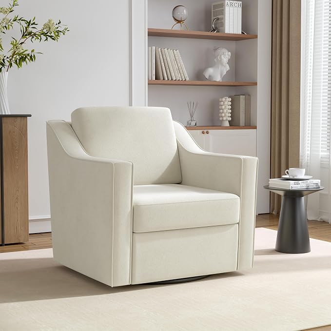 Swivel Accent Chair, Comfy Chenille Swivel Chair with Deep Seat, Upholstered Club Armchair with 360 Degree Rotation Base, Single Sofa Reading Chair for Living Room Bedroom, Beige