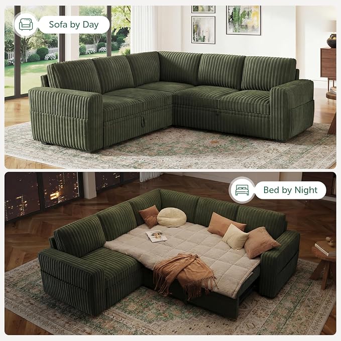 HONBAY Modular Sectional Sleeper Sofa with Pull Out Bed,Corduroy L Shaped Couch with Storage, Sectional Couches for Living Room,Green