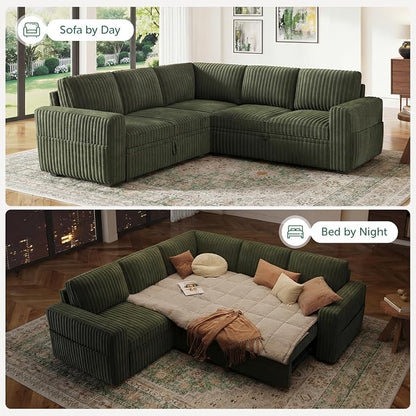 HONBAY Modular Sectional Sleeper Sofa with Pull Out Bed,Corduroy L Shaped Couch with Storage, Sectional Couches for Living Room,Green