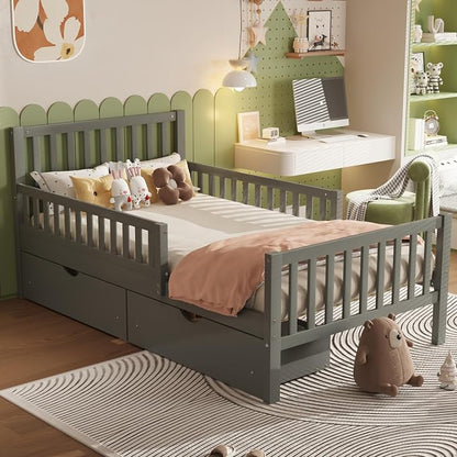Bellemave Kids Twin Bed Frame with Fences and 2 Drawers, Twin Size Wooden Platform Bed with Guardrails on Both Sides for Boys Girls, Grey