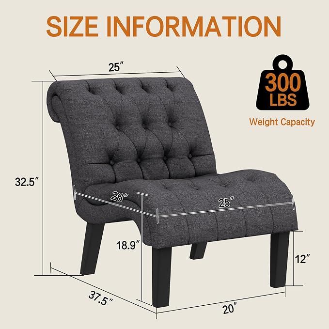 Accent Chairs Set of 2 Upholstered Living Room Bedroom Side Chairs Curved Button Tufted Armless Lounge Chair with Wood Legs Gray Fabric