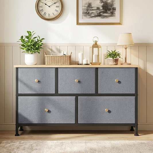 OLIXIS 5 Drawer Dresser for Bedroom, Storage Organizer Unit for Closet | Chest of Drawers for Clothes Storage with Bins, Wide Fabric Bedroom Dresser, Wooden Top, Living Room, Gray Blue