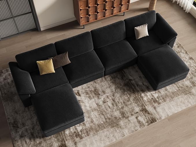 EASE MOOSE U Shape Sectional Sofa,Oversized Deep Seat Modular Couch,Modern Fashion Corduroy Cloud Sectional Sofa, Removable Cover,Black