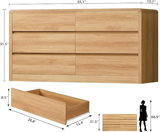 TEENFON 55" Dresser for Bedroom with 6 Drawers, Dressers & Chests of Drawers with Curved Profile Design, 6 Drawer Dresser, Bedroom Dressers, Wood Dressers for Bedroom, Hallway, Natural