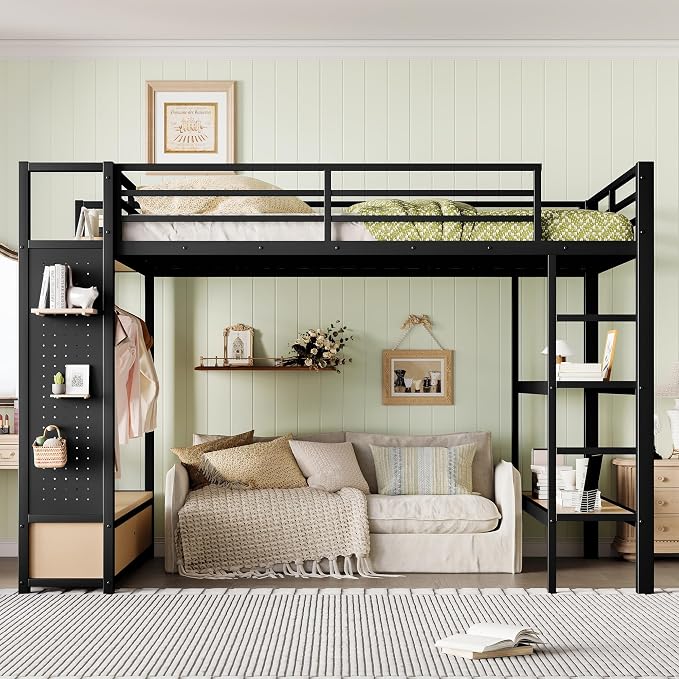 Bellemave Queen Size loft Bed with Wardrobe and Storage Shelves and Pegboard Drawers, Metal Queen Loft Bed Frame for Adults, Kids, Teens, Black