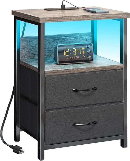 Fixwal Night Stand with Charging Station, LED Nightstand with U-S-B Ports and Outlets, 2 Fabric Storage Drawers with PU Finish, Bed Side Table, French Oak