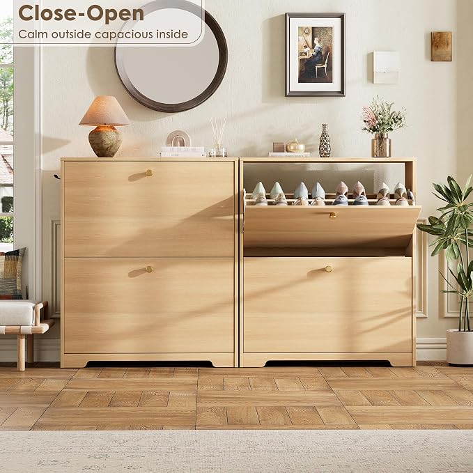 Nicetree Shoe Storage Cabinet with 2 Flip Drawers, Slim Shoe Cabinet, Hidden Shoe Rack Cabinet, Shoe Storage Cabinet for Entryway, Hallway, Foyer, Natural Oak